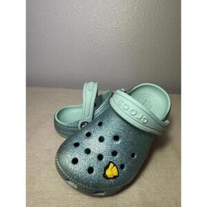 Crocs Classic Clogs Girls Juniors 9 Faux Fur Lined Glitter Teal Slip on Casual